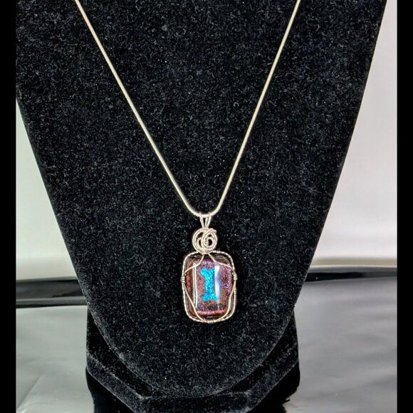 Signed Maroon w Blue Dog Bone DICHROIC Sterling Silver WireWrapped Glass Pendant - Picture 2 of 4